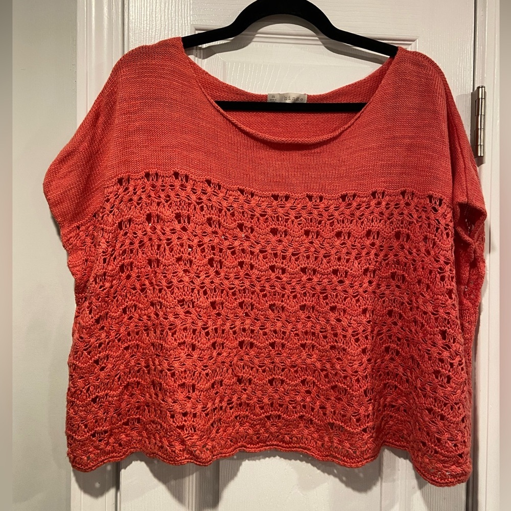 Hinge Size M Coral Crochet Lace Knit Top Boho Short Sleeve Lightweight Sweater